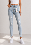 Blugi skinny high-waist cu imprimeu texturat laser și rupturi accentuate