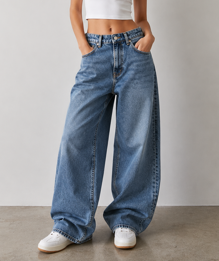 Blugi baggy cu talie înaltă și model texturat