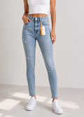 Blugi skinny high-waist albastru mediu cu tăieturi subtile