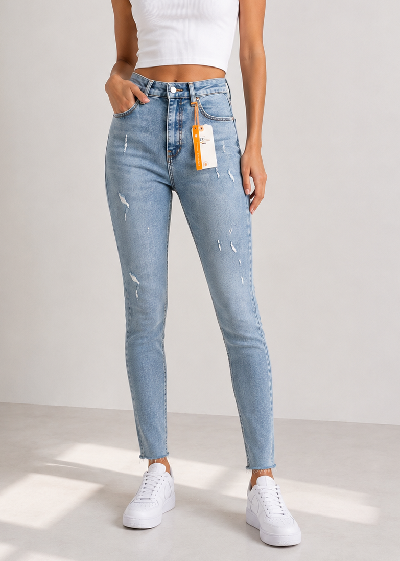 Blugi skinny high-waist albastru mediu cu tăieturi subtile
