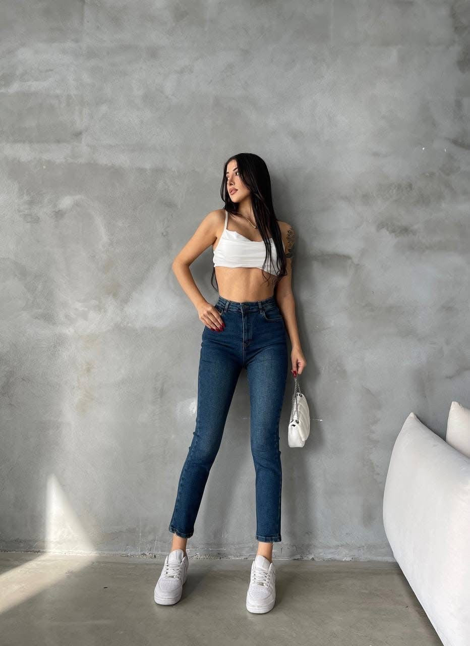 Blugi straight fit NYC albastru închis cu talie înaltă