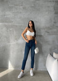 Blugi straight fit NYC albastru închis cu talie înaltă