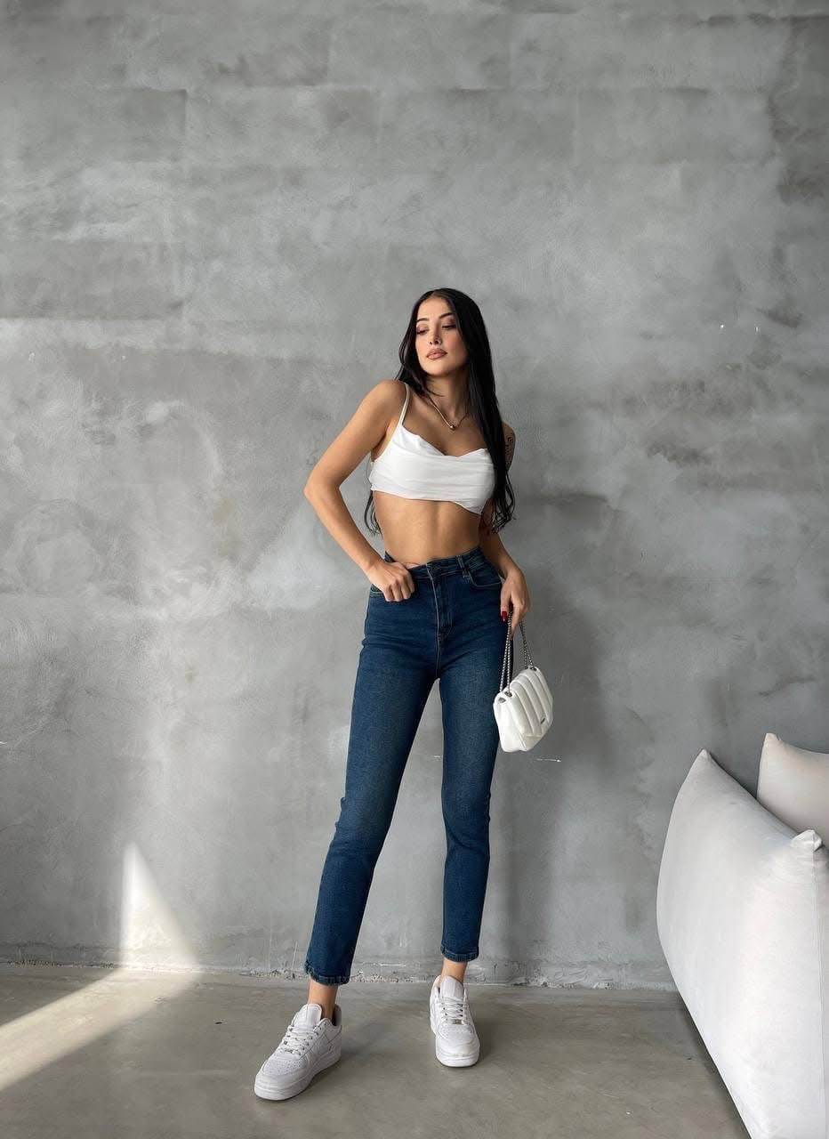 Blugi straight fit NYC albastru închis cu talie înaltă