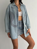 Jachetă oversized din denim deschis cu aplicații decorative din strasuri