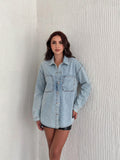 Jachetă oversized din denim deschis cu aplicații din perle