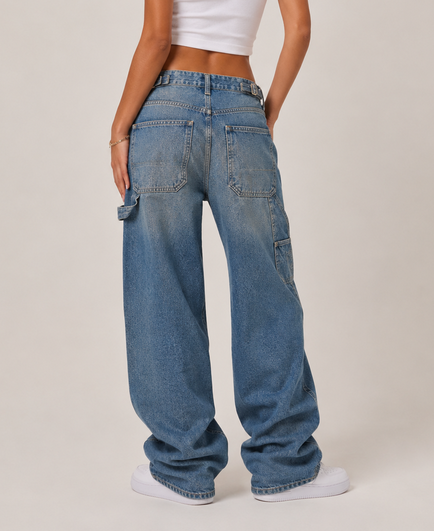 Blugi baggy tip tamplar, talie inaltă - albastru mediu stone wash