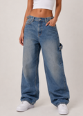 Blugi baggy tip tamplar, talie inaltă - albastru mediu stone wash