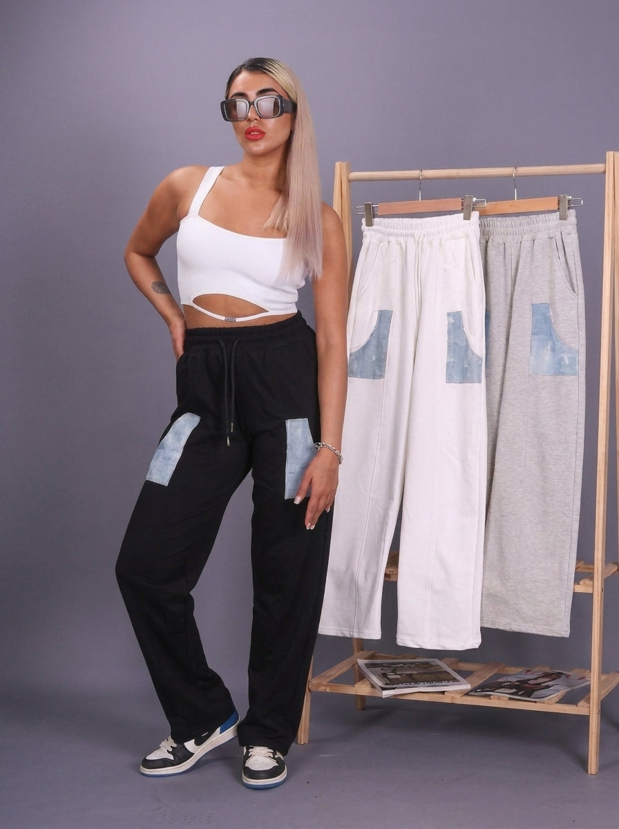 Pantaloni lejeri sport-casual cu buzunare din denim aplicate