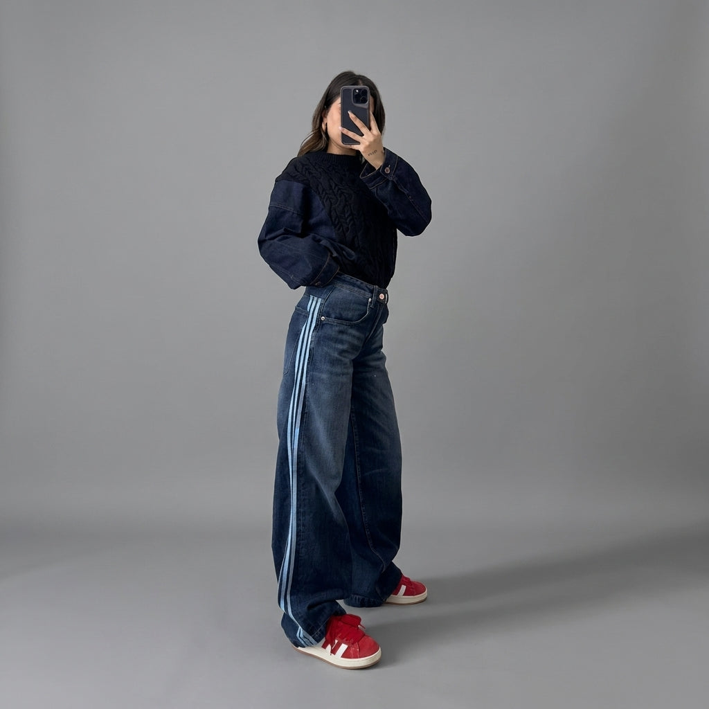 Blugi lejeri din denim bleumarin cu dungi sportive laterale