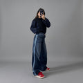 Blugi lejeri din denim bleumarin cu dungi sportive laterale