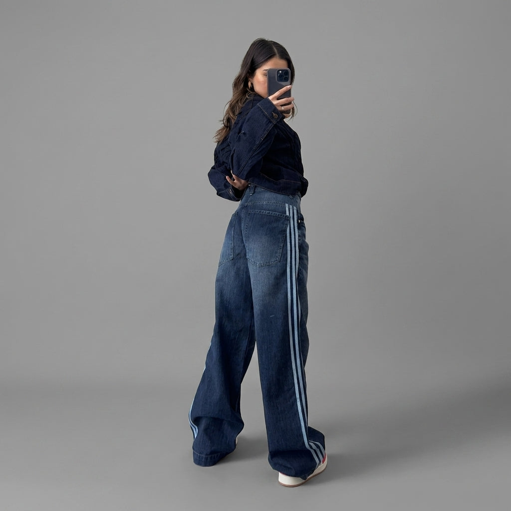 Blugi lejeri din denim bleumarin cu dungi sportive laterale