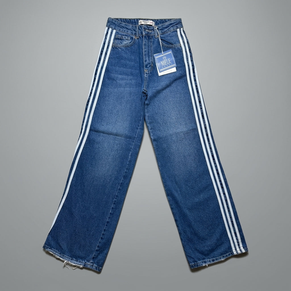 Blugi wide leg Miele cu dungi laterale albe
