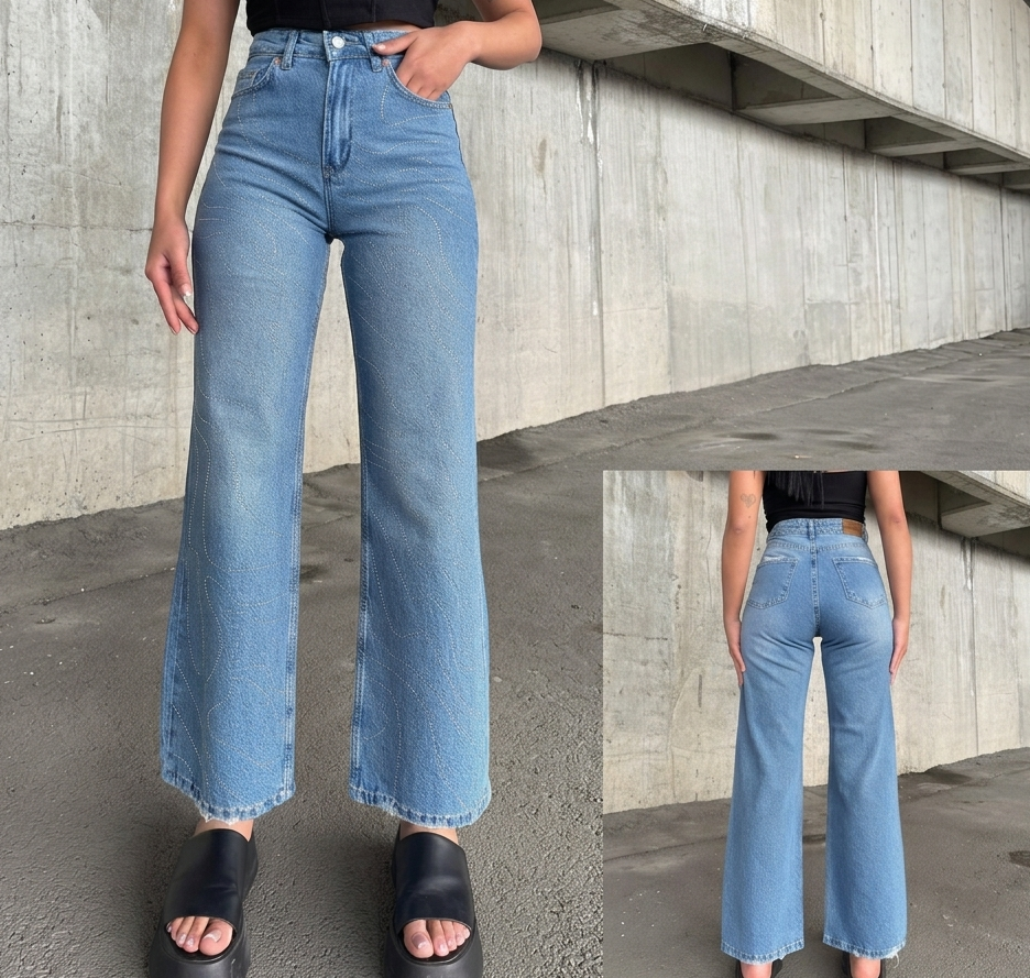 Дънки wide leg Miele с мотив от камъчета