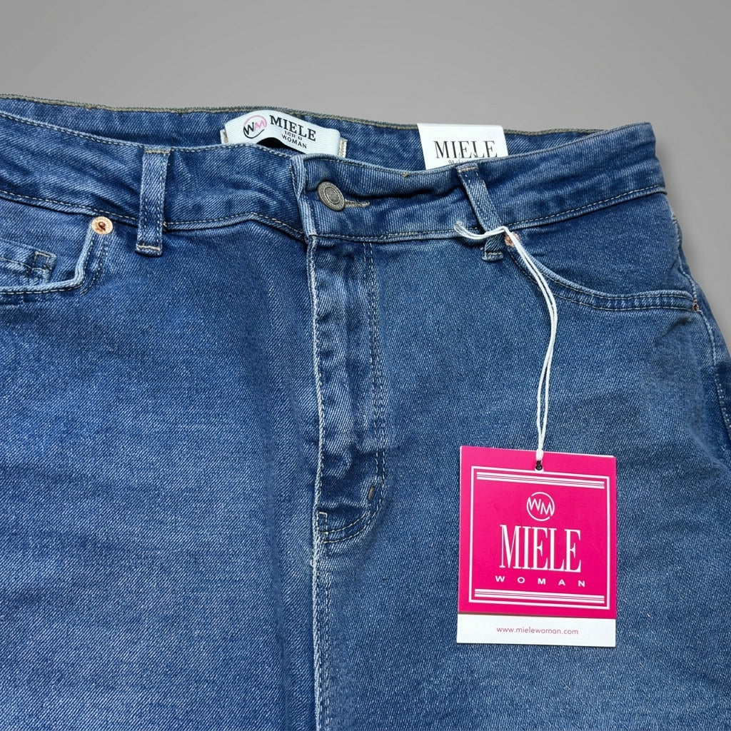 Blugi mom fit Miele albastru cu talie înaltă