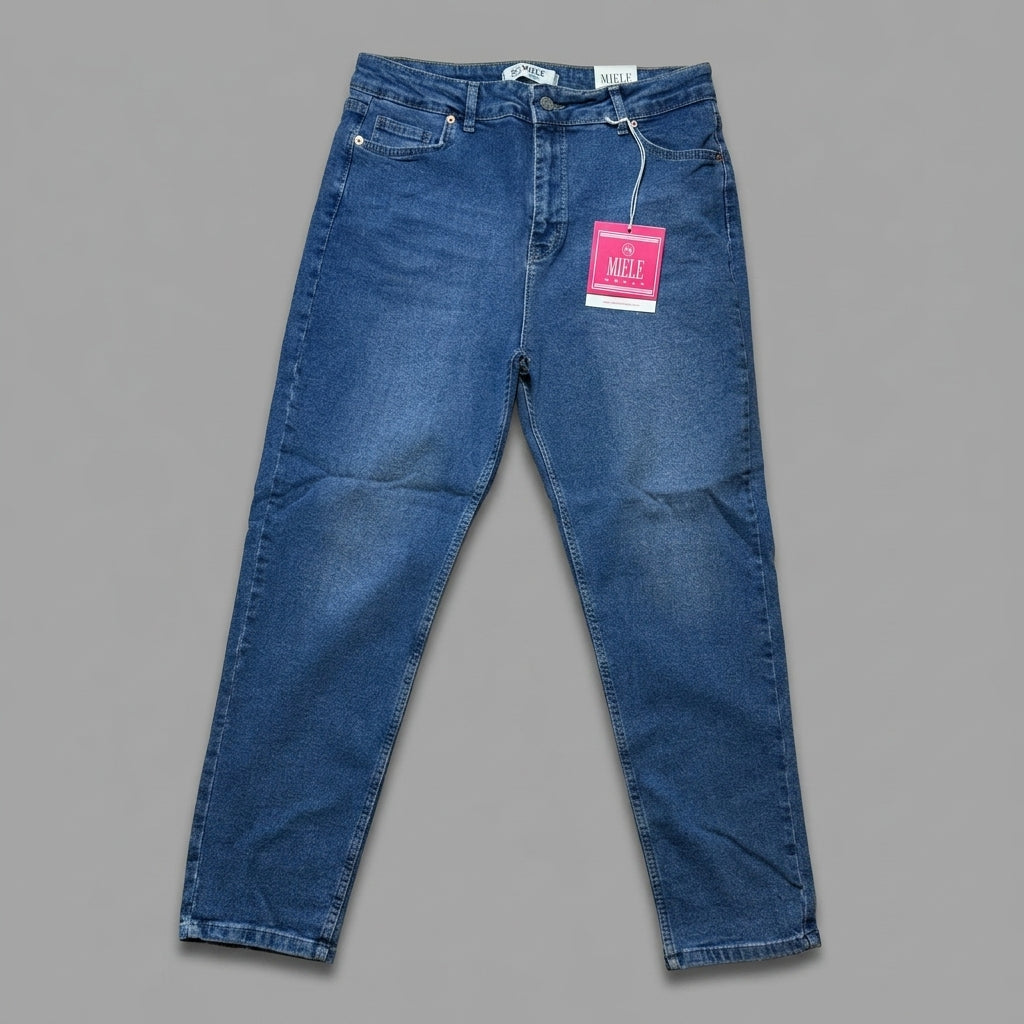 Blugi mom fit Miele albastru cu talie înaltă
