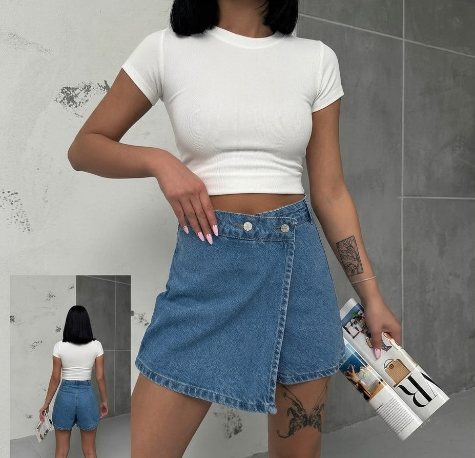 Fustă-pantalon din denim Miele Woman albastru cu închidere asimetrică