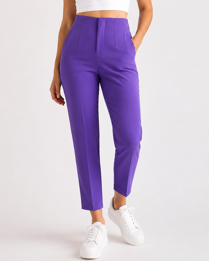 Pantaloni damă eleganți cu talie înaltă și croială conică
