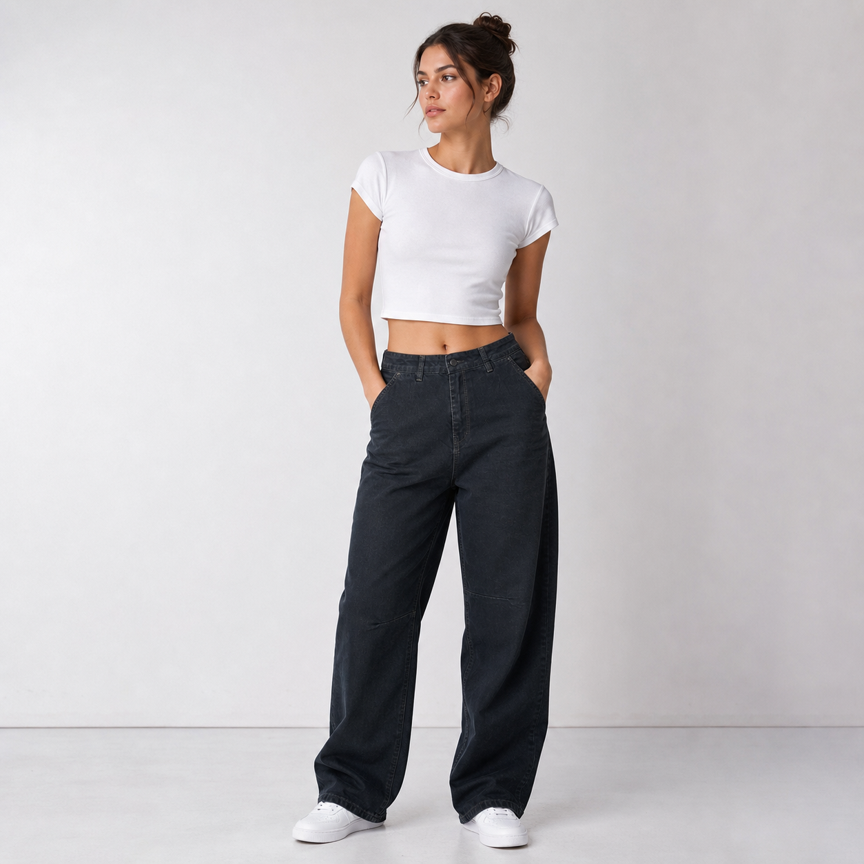 Blugi baggy fit Noventa negri cu talie înaltă