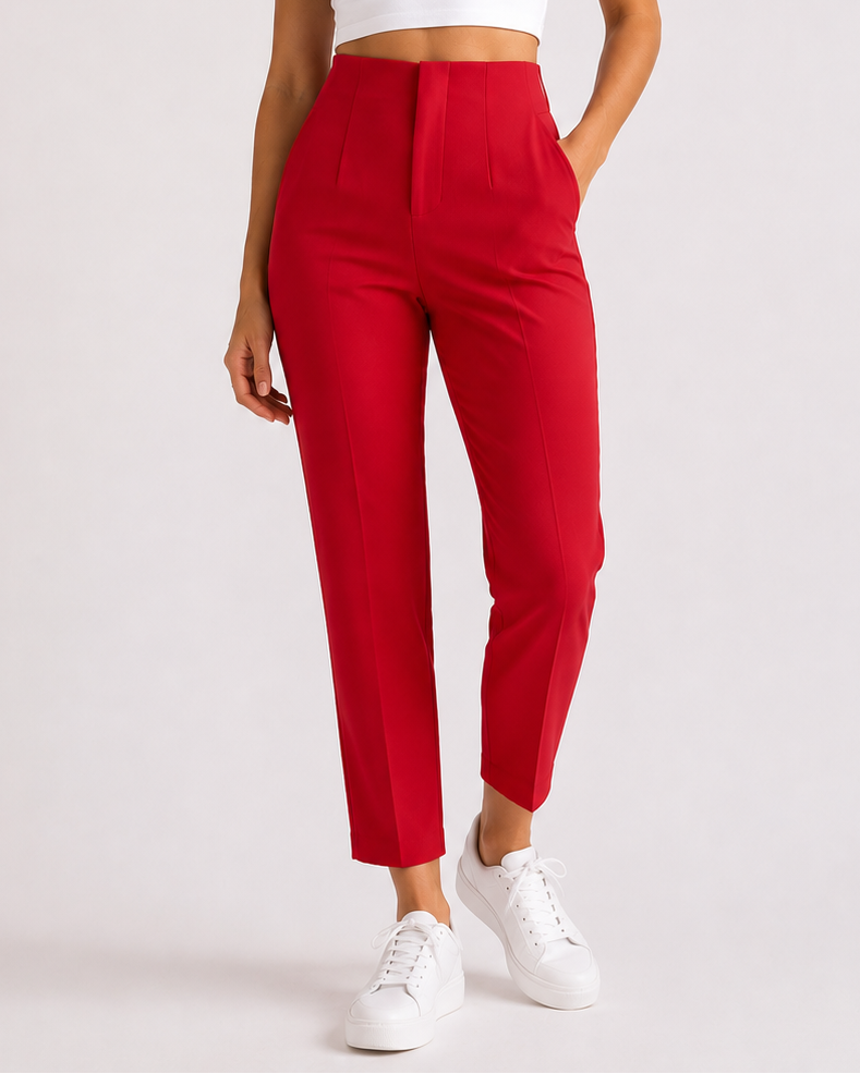 Pantaloni damă eleganți cu talie înaltă și croială conică