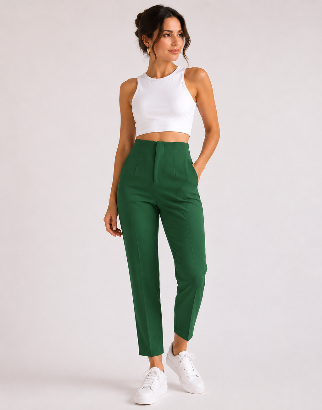 Pantaloni damă eleganți cu talie înaltă și croială conică