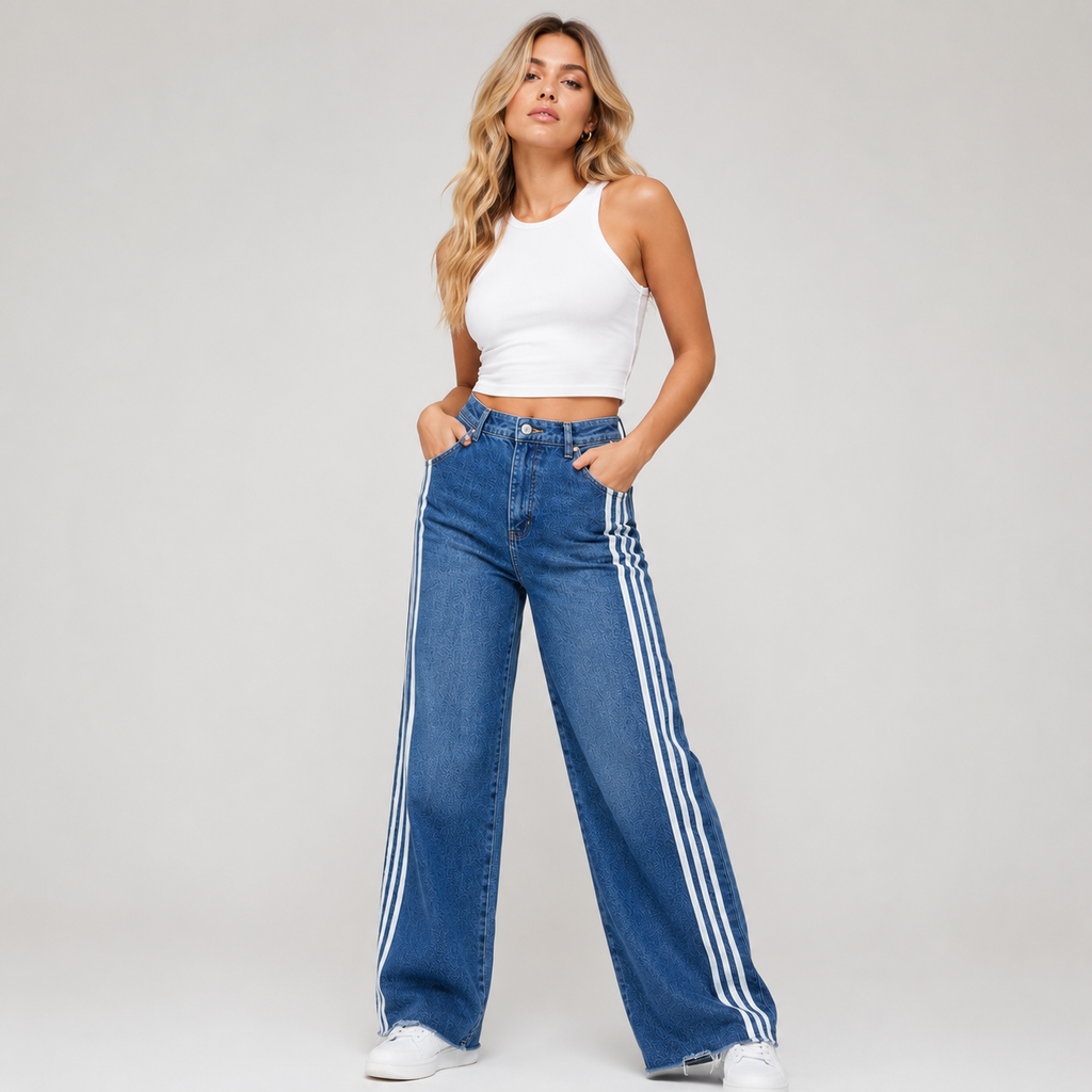 Blugi wide leg Miele cu dungi laterale albe