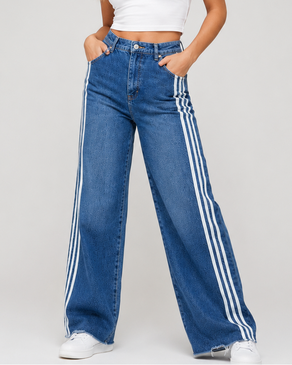 Blugi wide leg Miele cu dungi laterale albe
