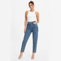 Blugi mom fit NYC albastru cu talie înaltă