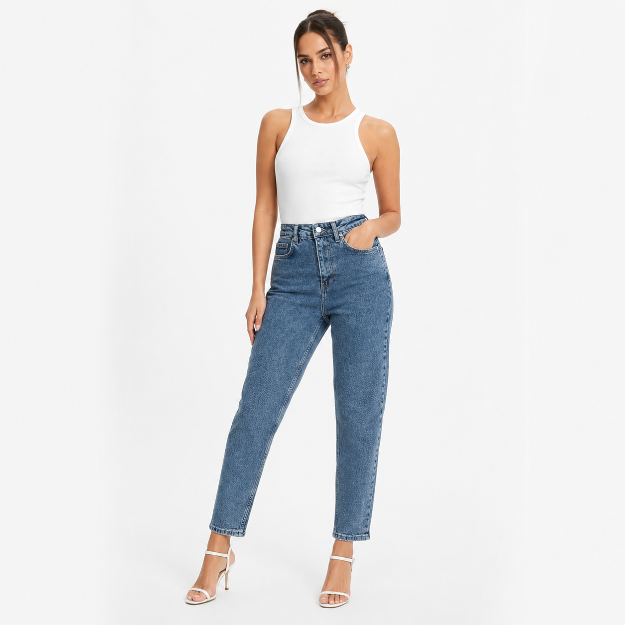 Blugi mom fit NYC albastru cu talie înaltă