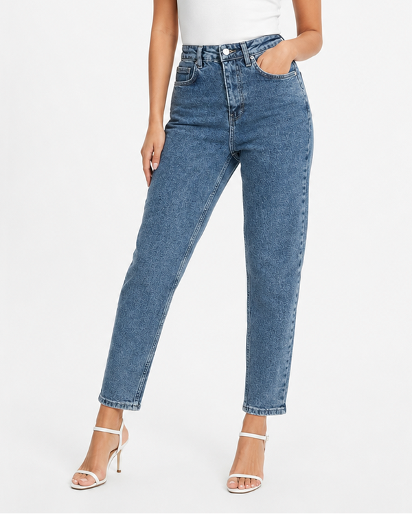 Дамски mom fit дънки NYC в синьо с висока талия