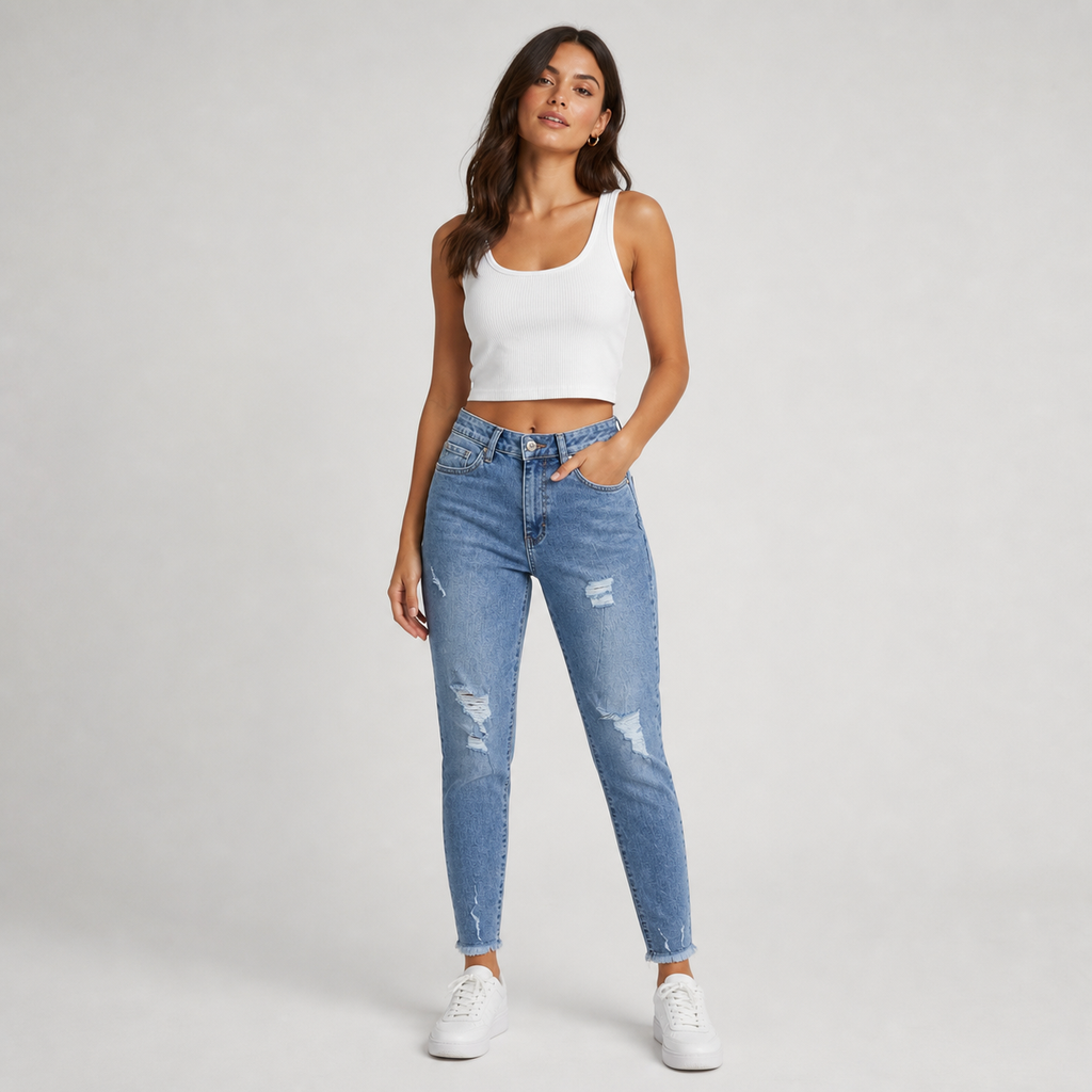 Blugi skinny Rock Jeans cu rupturi și tiv nefinisat