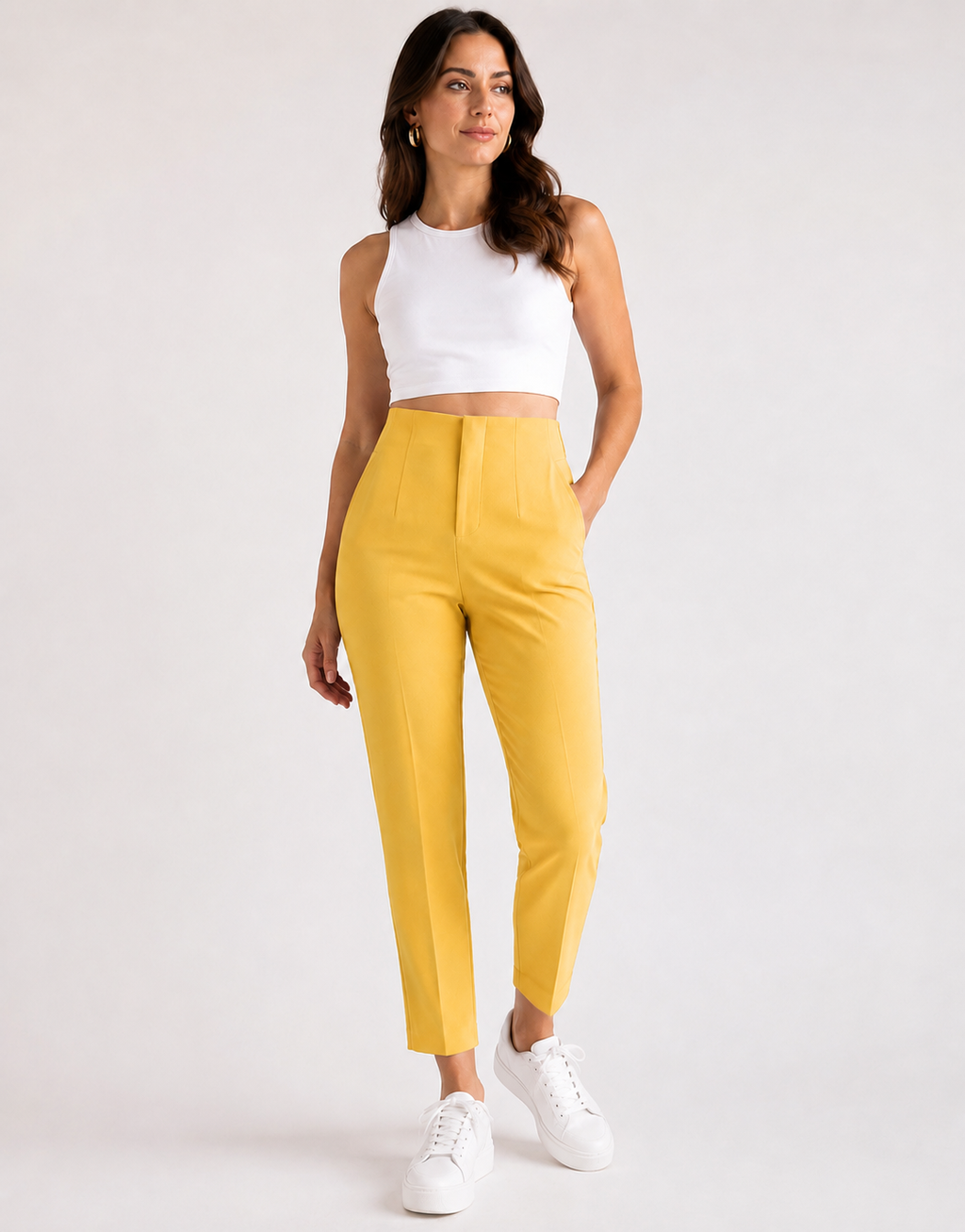 Pantaloni damă eleganți cu talie înaltă și croială conică