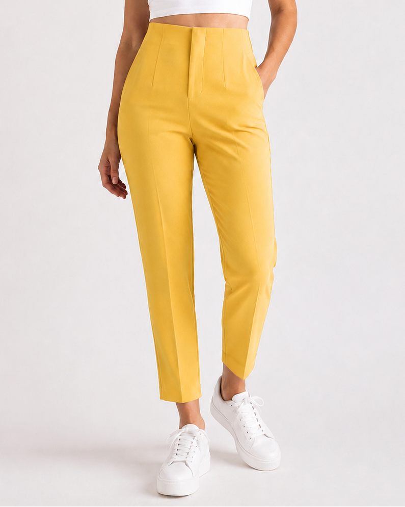Pantaloni damă eleganți cu talie înaltă și croială conică