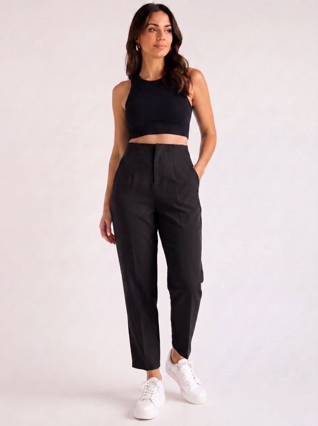 Pantaloni damă eleganți cu talie înaltă și croială conică