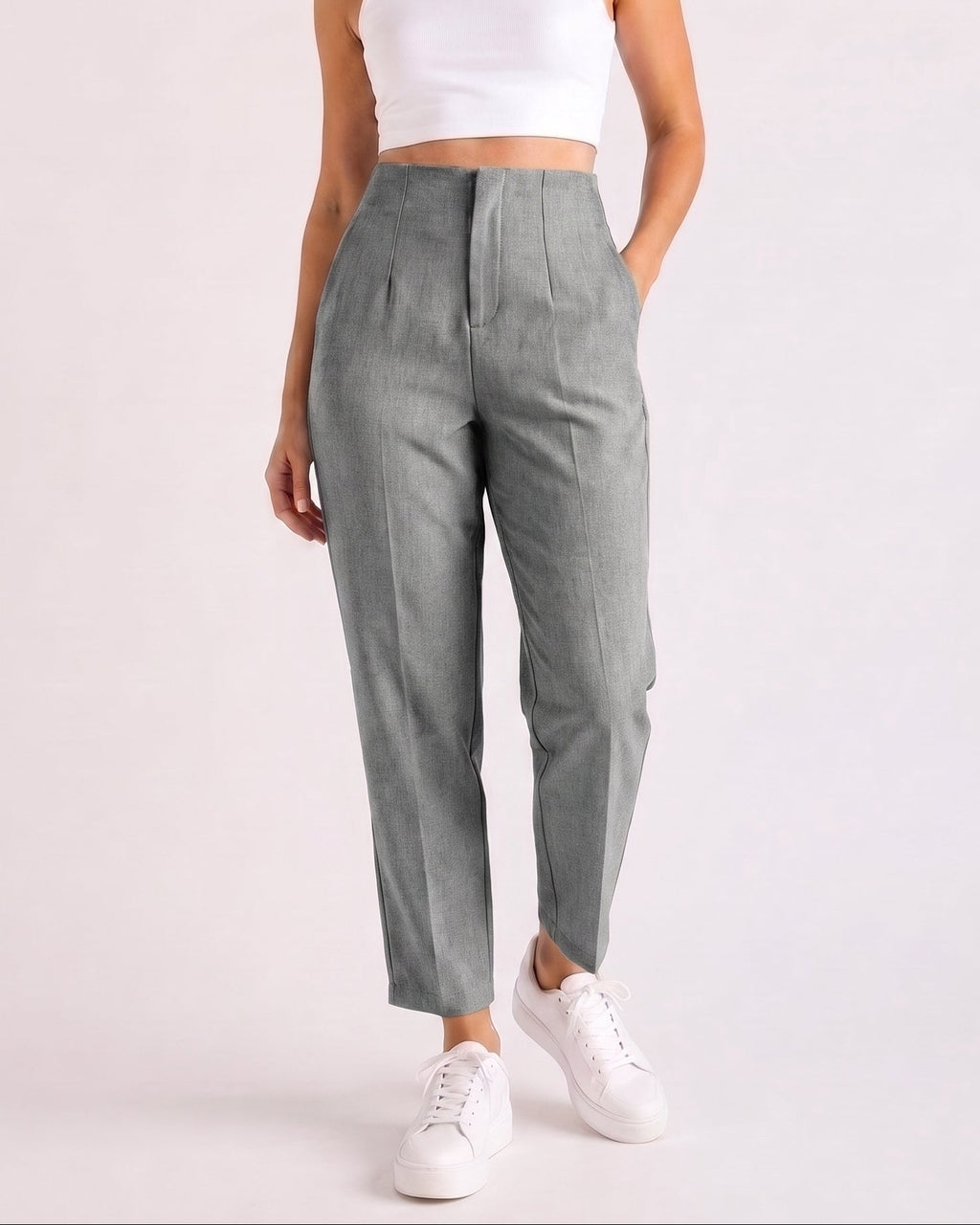 Pantaloni damă eleganți cu talie înaltă și croială conică