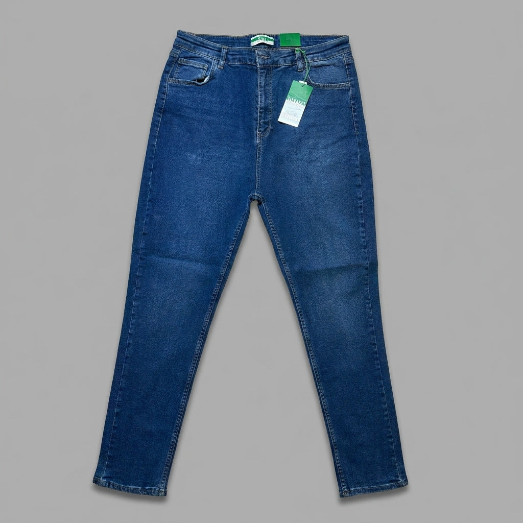 Blugi slim fit plus size NYC albastru închis cu talie înaltă