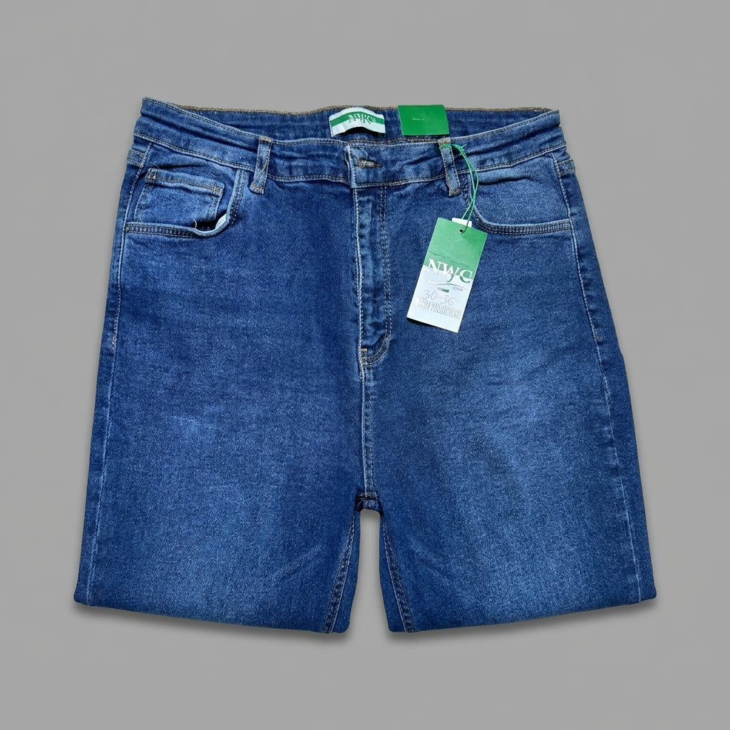 Blugi slim fit plus size NYC albastru închis cu talie înaltă
