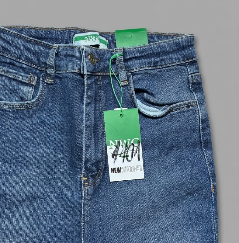 Blugi straight fit NYC albastru închis cu talie înaltă