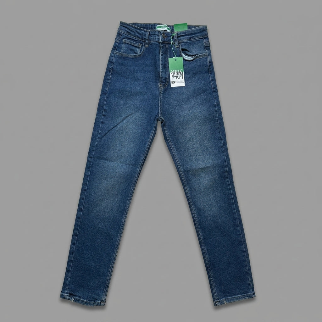 Blugi straight fit NYC albastru închis cu talie înaltă