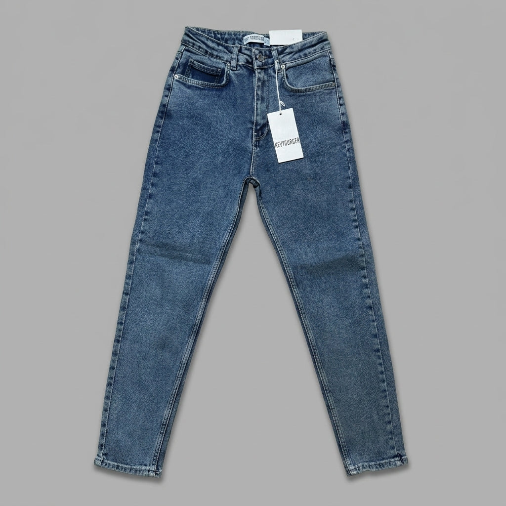 Blugi mom fit NYC albastru cu talie înaltă
