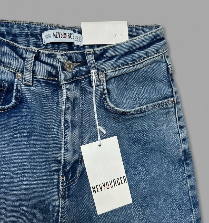 Blugi mom fit NYC albastru cu talie înaltă