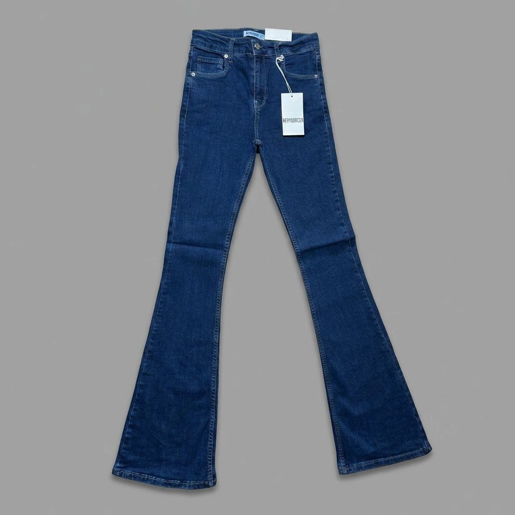 Blugi flare fit NYC albastru închis cu talie înaltă