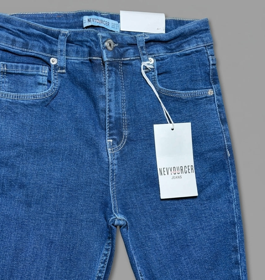 Blugi flare fit NYC albastru închis cu talie înaltă