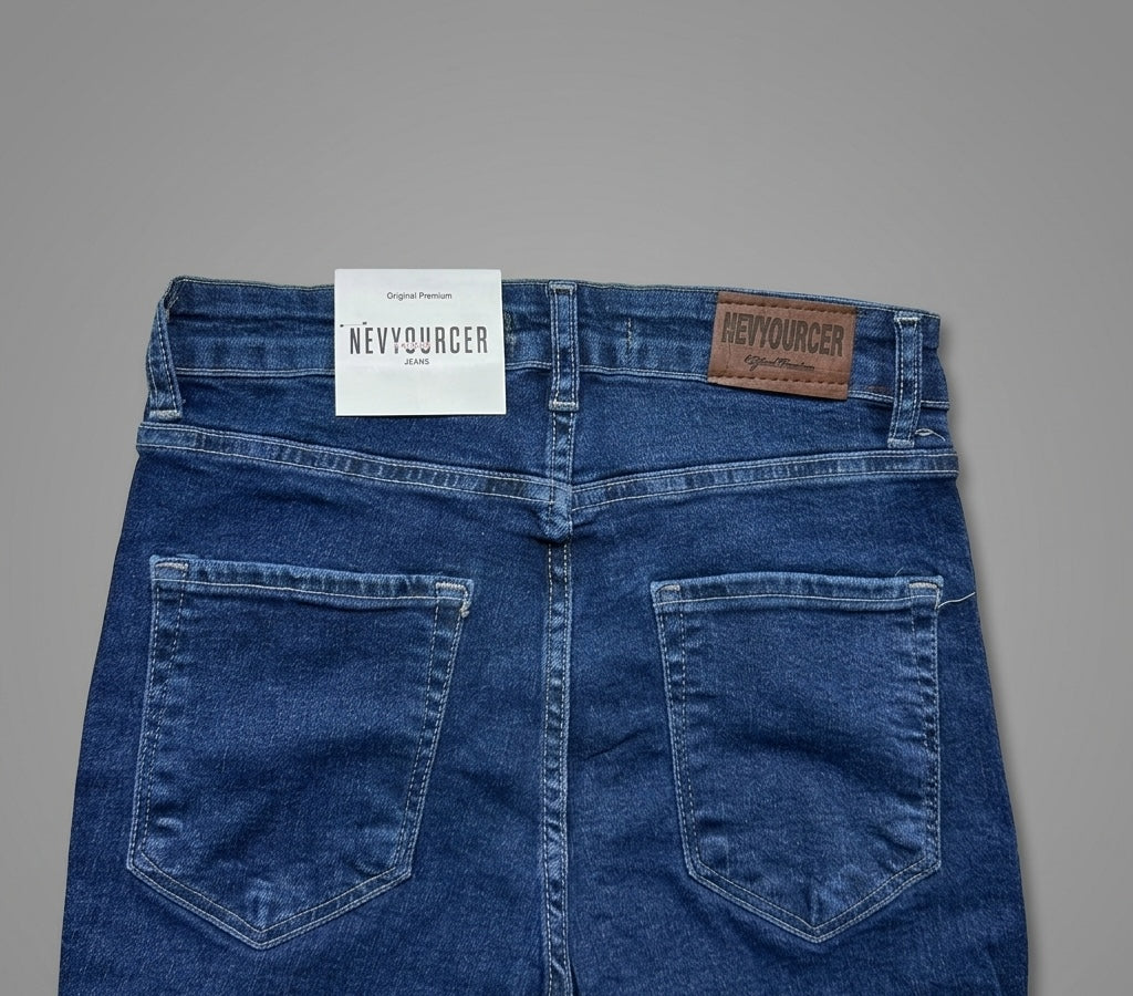 Blugi flare fit NYC albastru închis cu talie înaltă