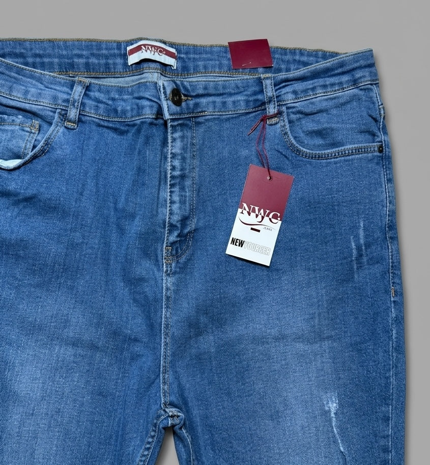 Blugi slim fit plus size NYC albastru cu efect decolorat și abraziuni