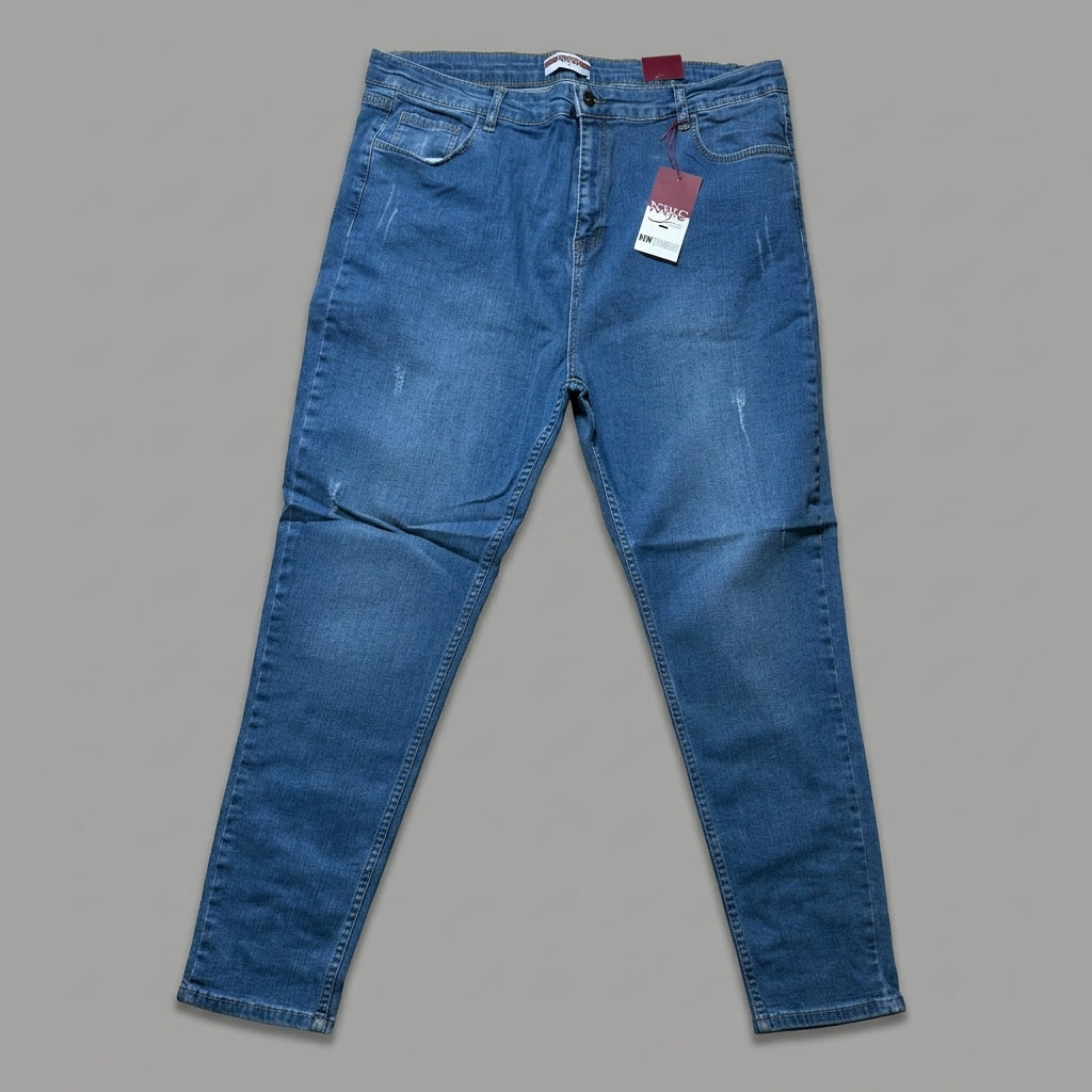 Plus size NYC blue slim fit jeans with faded effect and abrasions