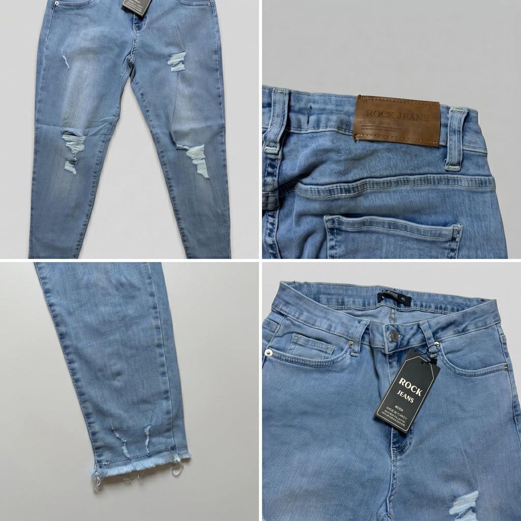 Blugi skinny Rock Jeans cu rupturi și tiv nefinisat